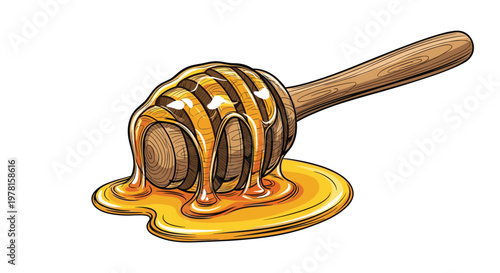 Wooden honey dipper with thick golden honey dripping onto a surface on white background for sweet food themes.