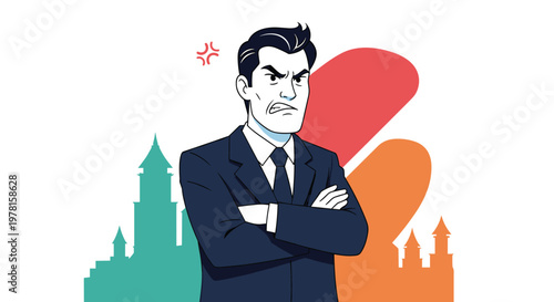 Grumpy businessman standing with arms crossed in front of colorful abstract shapes and city silhouettes expresses frustration or sternness.