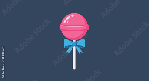 Round pink lollipop on a stick with a blue ribbon bow on dark blue background for sweet treat and party themes.