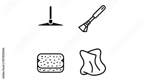 Cleaning Essentials: A minimalist graphic composition showcases the fundamental tools for maintaining a spotless environment. The collection features a mop, brush, sponge, and a cloth.