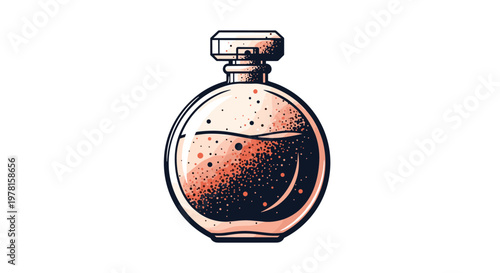 Elegant round perfume bottle with decorative spray head and liquid inside on white background for fragrance themes.