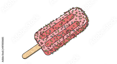 Delicious pink ice cream bar on a wooden stick is covered in colorful rainbow sprinkles in a sweet treat dessert illustration.