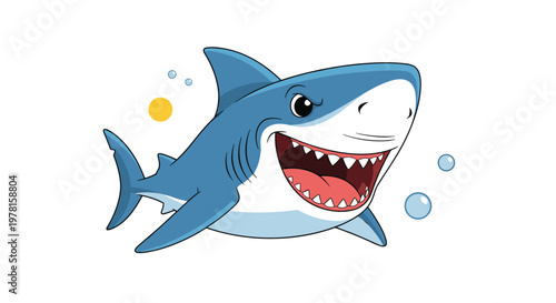 Friendly cartoon shark with a wide toothy grin swimming in the ocean with bubbles and a yellow sun in the distance.