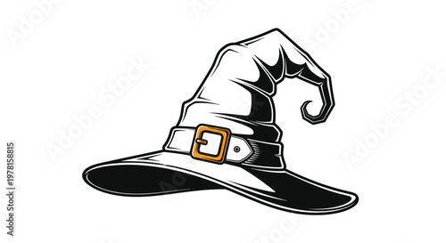 Vintage style black and white illustration of a pointed witch hat with a leather belt and a small orange buckle detail.