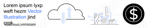 Digital transformation, cloud computing, smart cities, data integration, financial services, economic growth. Icons include a cloud with data arrows, buildings and a dollar symbol. Cloud computing