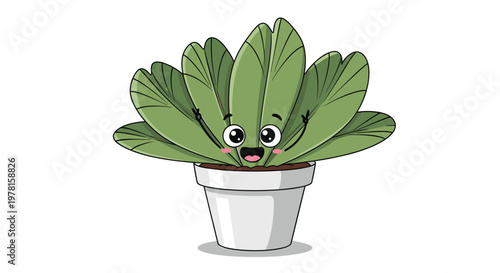 Happy potted plant character with vibrant green leaves raising its stick-like arms in a gesture of success and joy.