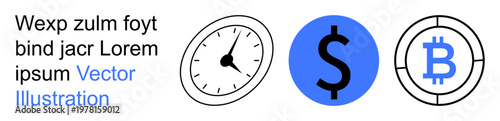 Financial planning, digital payments, cryptocurrency markets, decentralized finance, time management, economy. Clock, dollar sign and Bitcoin symbol in blue and black. Financial planning and digital