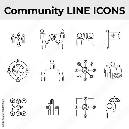 Professional Community Engagement and Social Unity Line Icons Sheet for NGO UI