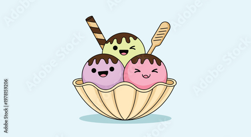 Delightful dessert bowl filled with three scoops of flavored ice cream decorated with cute faces and sweet toppings.