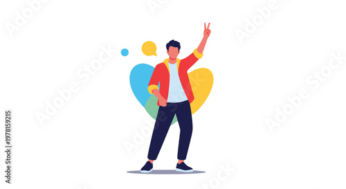 Modern flat illustration of a young man in a red jacket making a peace sign against a background of colorful abstract shapes.