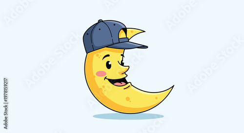 Friendly crescent moon character wearing a blue baseball cap and smiling brightly against a soft light blue background.