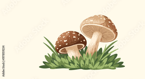 Two wild mushrooms with brown speckled caps growing among thick green grass on a light beige background for natural design.