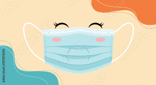 Cute medical face mask character with closed smiling eyes and rosy cheeks presented on a soft abstract background.