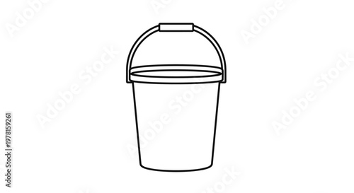 Minimalist black and white line drawing of a traditional bucket with a sturdy handle shown on a white background.