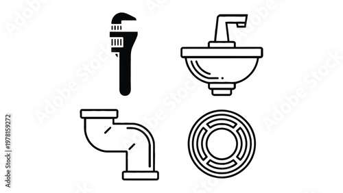 Plumbing Essentials: Line art depicting key plumbing tools, a sink, and components essential for maintenance and construction work. 