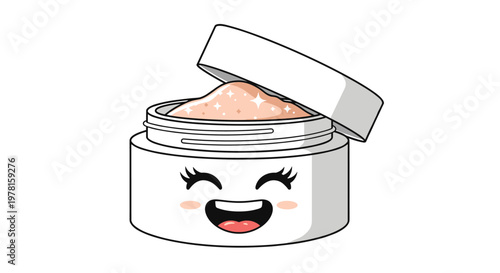 Friendly cosmetic cream jar character with an open lid and a happy smiling face featuring sparkling contents inside.