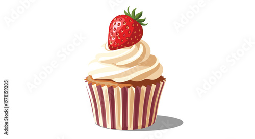 Mouth-watering chocolate cupcake with a high swirl of white whipped cream topped with a single whole red strawberry.
