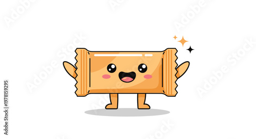 Energetic chocolate or granola snack bar character with a happy smiling face and open arms on a white background.