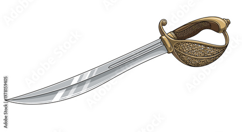 Ornate pirate cutlass sword with a long curved steel blade and a detailed golden basket hilt for protection and grip.