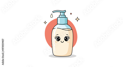 Adorable lotion dispenser character with a cute smiling face and rosy cheeks against a soft pink circular background.