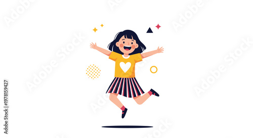 Joyful young girl jumping high in the air with arms outstretched surrounded by colorful abstract shapes and patterns.