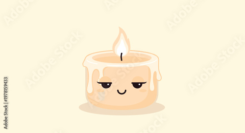 Cute little melting candle character with a sleepy face and a soft glowing flame against a warm yellow background.