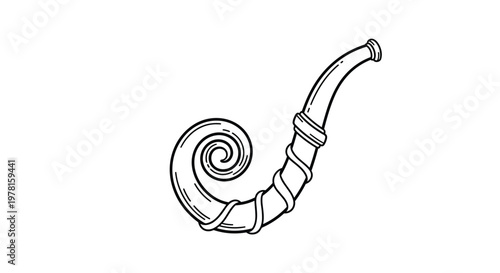 Black and white line drawing of a spiral-shaped horn with decorative rings and a wide mouthpiece on white background.
