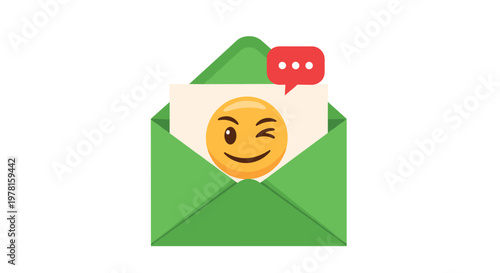 Green envelope opened to reveal a card with a winking yellow smiley face and a red speech bubble for messages.