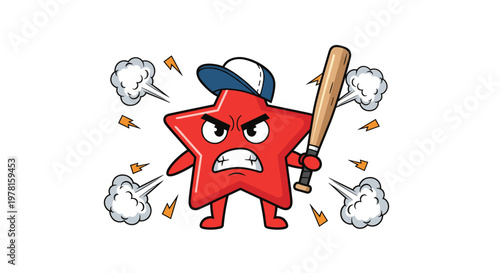 Angry red star character wearing a baseball cap and holding a wooden bat surrounded by puffs of smoke or steam.