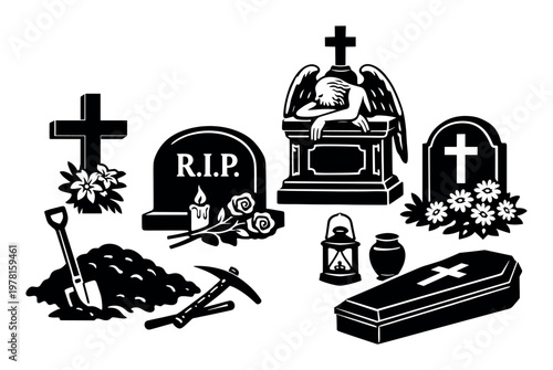 Black and white vector set displaying various cemetery and funeral elements. Concepts of death, remembrance, and burial