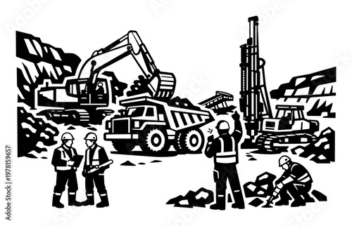 Heavy machinery and workers are currently engaged in earthmoving and extracting resources in a bustling industrial mining setting