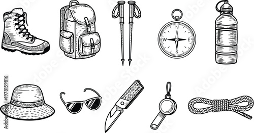 Outdoor Adventure Sketch Icon Set, Hiking and Camping Essentials Outline Collection for Travel, Trekking, Backpacking and Nature Exploration, Vector Illustration for Web, Apps and Branding