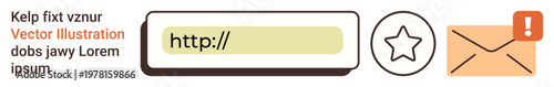 Digital communication, user interface, email notifications, hyperlink navigation, website design, online interactions. Hyperlink box, star symbol and email icon with alert. Digital communication