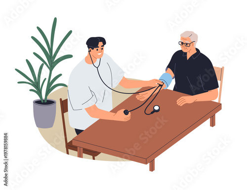 Young man helping elderly old aged, measuring blood pressure. Checking, monitoring heart health, BP with tonometer, home care. Hypertension test. Flat vector illustration isolated on white background