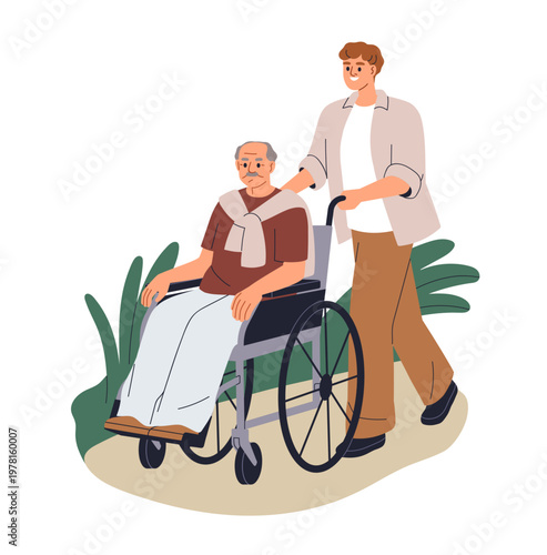 Caregiver walking with senior old aged man, pushing wheelchair during outdoor stroll. Carer helping, assisting elderly person with disability. Flat vector illustration isolated on white background