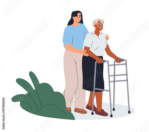 Caregiver assisting elderly woman with walker, walking aid, mobility support. Carere caring, helping senior old person with disability. Flat vector illustration isolated on white background
