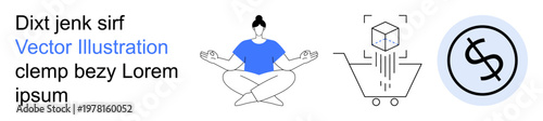 Wellness, e-commerce innovation, financial transactions, tech applications, relaxation, and mindfulness. A seated person meditating, a shopping cart with a cube and a currency icon. Wellness
