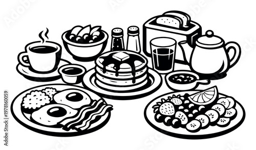 Assortment of classic breakfast items including fluffy pancakes, fried eggs, crispy bacon, fresh fruit, coffee, and toast