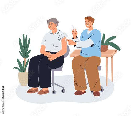 Healthcare worker, caregiver during medical injection, syringe shot to elderly senior woman. Carer and old aged female, home care and assistance. Flat vector illustration isolated on white background