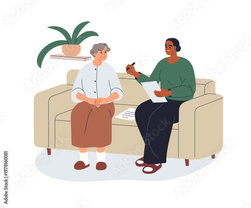 Social worker helping, assisting elderly aged woman with paperwork, filling legal forms, support with documents. Female surveying old person. Flat vector illustration isolated on white background