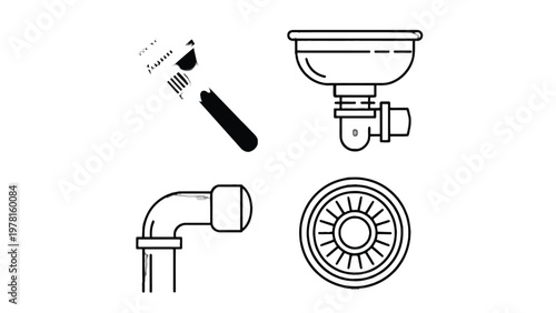 Plumbing Parts Diagram: A set of essential plumbing components are showcased in a clear, illustrative style
