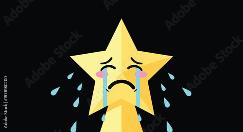 Sad yellow star character is shown crying with large blue tears falling down against a solid black background, expressing deep emotion.