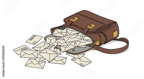 Classic brown leather messenger bag is lying down with dozens of white envelopes spilling out from the open flap onto a white surface.