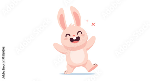 Joyful pink bunny rabbit with long ears and a big toothy smile is shown hopping happily, surrounded by small star sparkles on white.