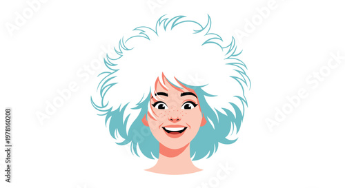 Portrait of a beautiful smiling woman with voluminous white and blue hair and light freckles is depicted against a white background.