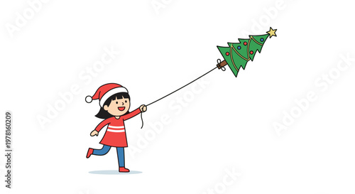 Little girl wearing a red Santa hat runs happily while flying a kite shaped like a decorated green Christmas tree on a white background.