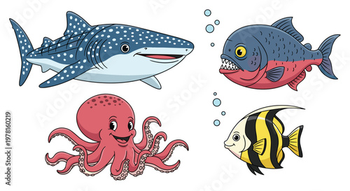 Variety of sea creatures including a whale shark, a piranha, an octopus, and a tropical fish are illustrated together in a playful style.
