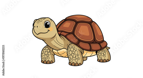 Cute brown turtle character with a detailed shell and a friendly smiling face stands calmly against a plain white background illustration.