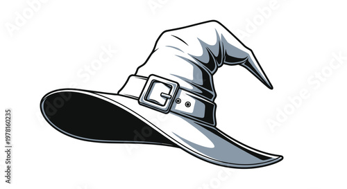Traditional witch hat with a wide brim and a buckled belt is rendered in grayscale with detailed shading on a white background.
