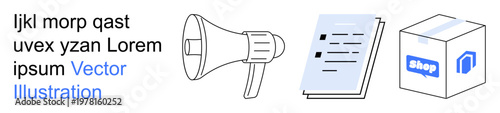 Marketing, digital communication, online retail, shipping services, documentation, branding. Megaphone, checklist document package box. Marketing and online retail concepts for businesses
